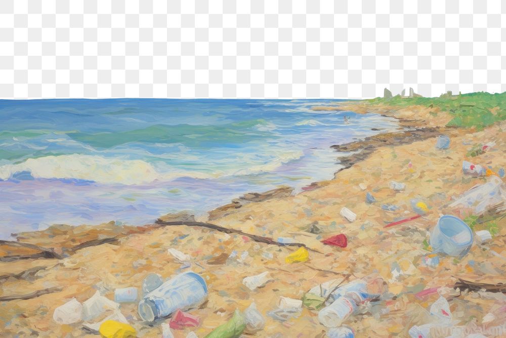 PNG  Beach full of plastic bottles painting sea pollution. AI generated Image by rawpixel.