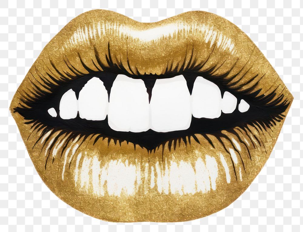 PNG  Lips ripped paper teeth gold white background.