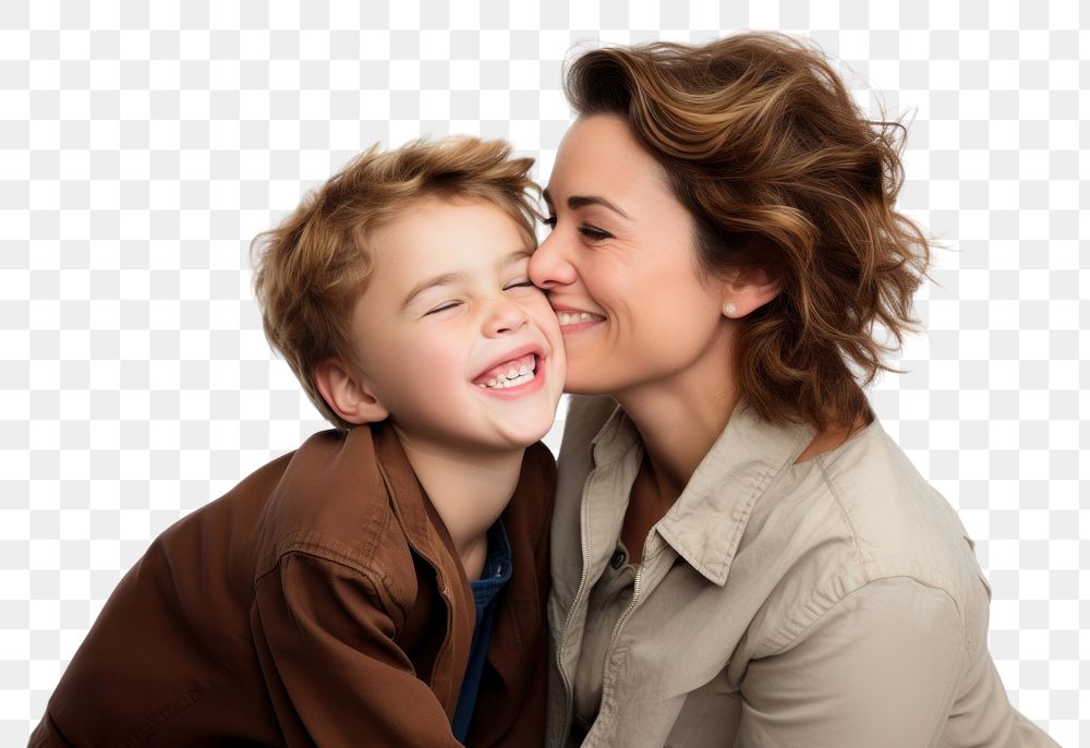 PNG Mom kissing and hugging funny son face photography laughing portrait.