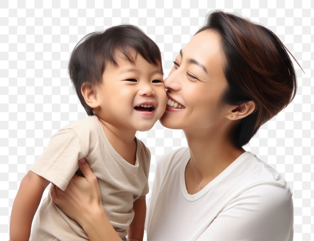 PNG Mom kissing happy asian son face laughing child baby.