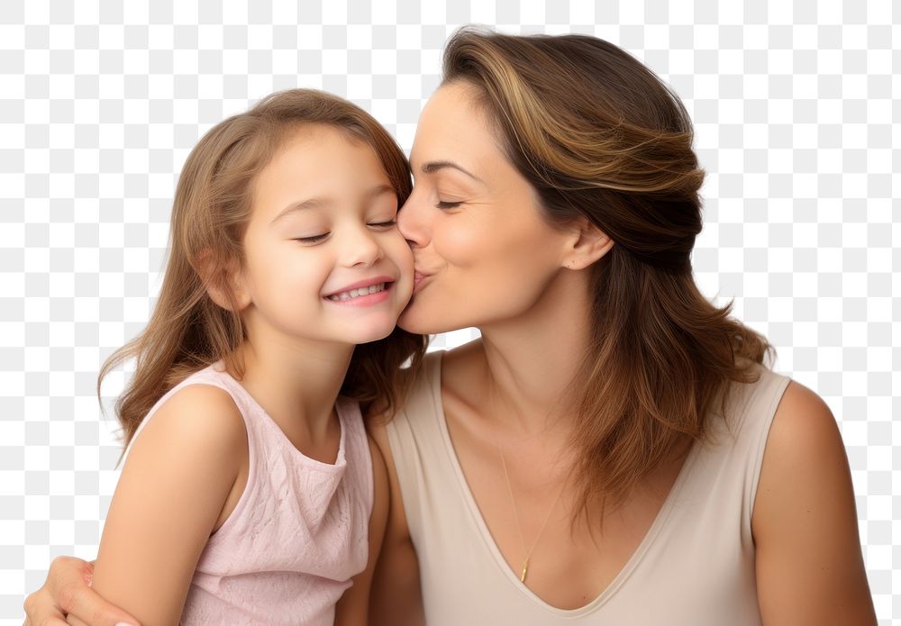 PNG Mom kissing happy daughter face child adult white background.