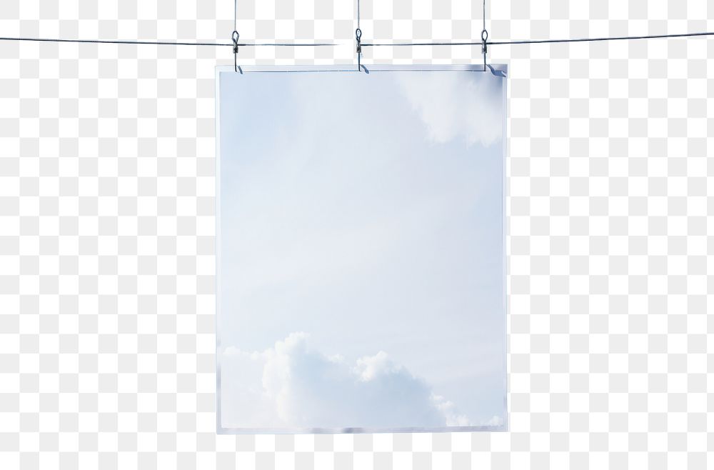 PNG White a0 vertical poster on wire mesh sky outdoors blue clothesline.