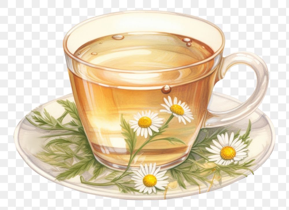 PNG  Chamomile tea saucer flower drink.