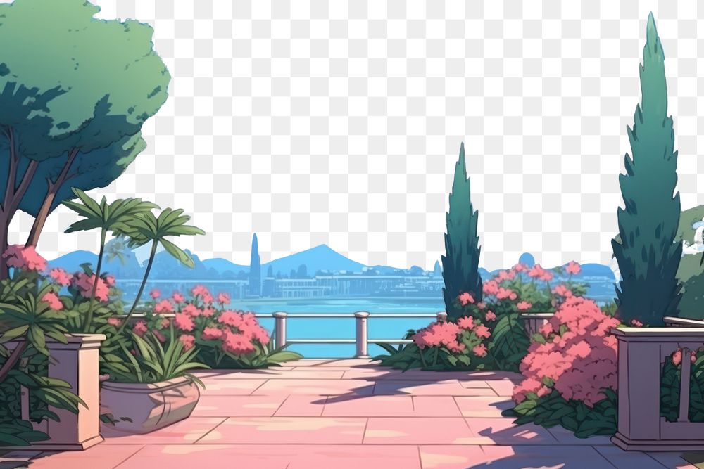PNG Garden landscape anime waterfront.