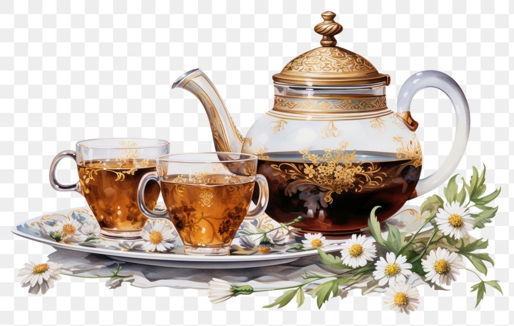 PNG  Chamomile tea teapot saucer drink.