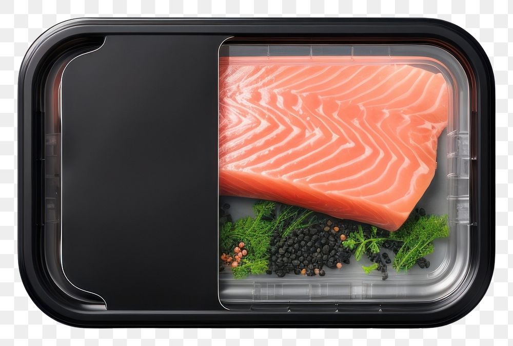PNG Sealable black plastic tray and cover with salmon and blank label mockup packaging seafood lunch meal.