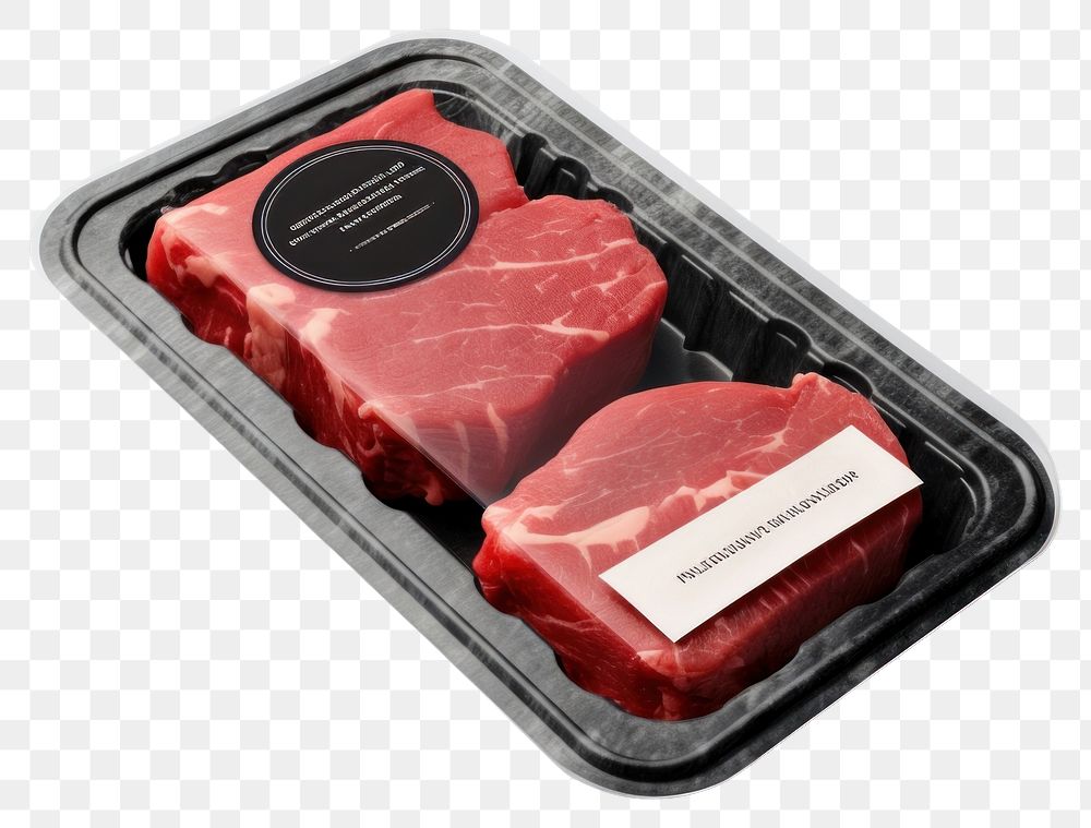 PNG Sealable black plastic tray and cover with raw meat schnitzels and blank label mockup packaging steak beef pork.