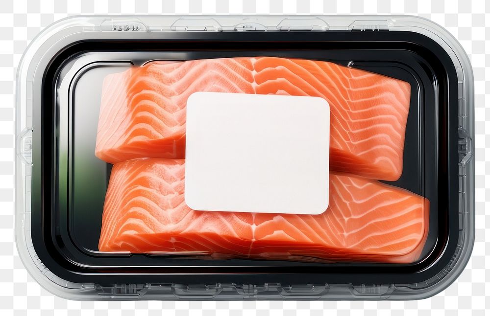 PNG Sealable black plastic tray and cover with salmon and blank label mockup packaging seafood freshness meat.