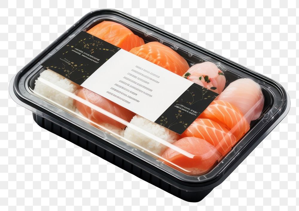 PNG Sealable black plastic tray with sushi and blank label mockup packaging food freshness container.