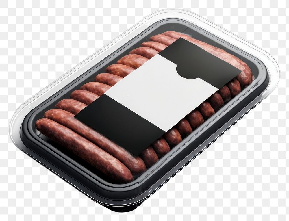 PNG Sealable black plastic tray with raw meat schnitzels and blank label mockup packaging food electronics technology.
