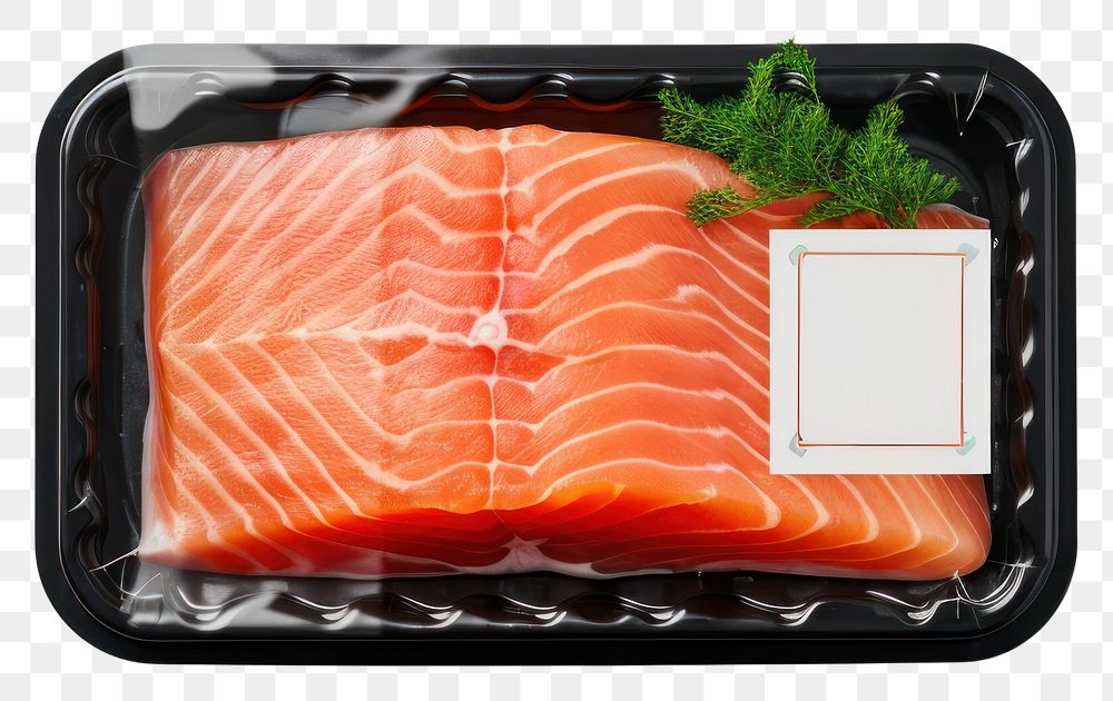 PNG Sealable black plastic tray with salmon and blank label mockup packaging seafood accessories vegetable.