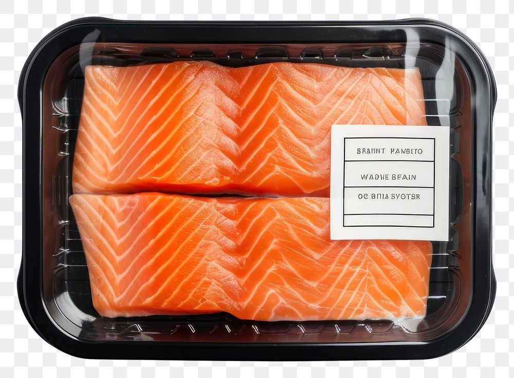 PNG Sealable black plastic tray with salmon and blank label mockup packaging seafood freshness retail.
