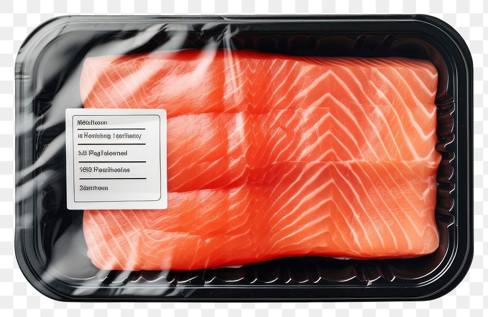 PNG Sealable black plastic tray with salmon and blank label mockup packaging seafood freshness ketchup.