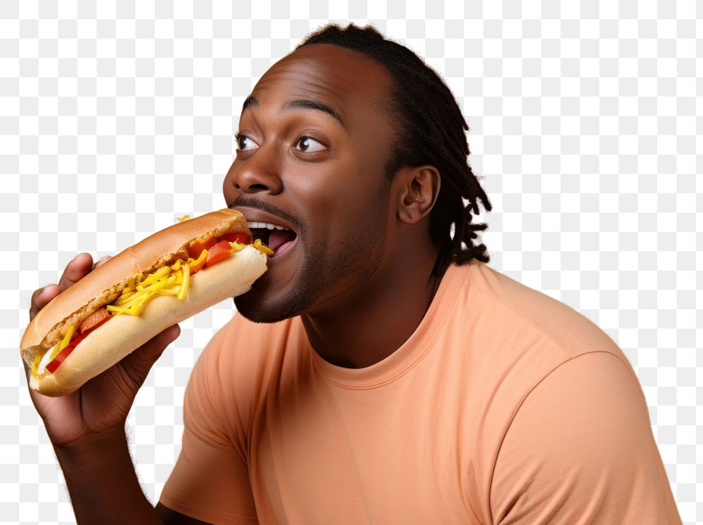 PNG  Black man eating food biting hamburger.