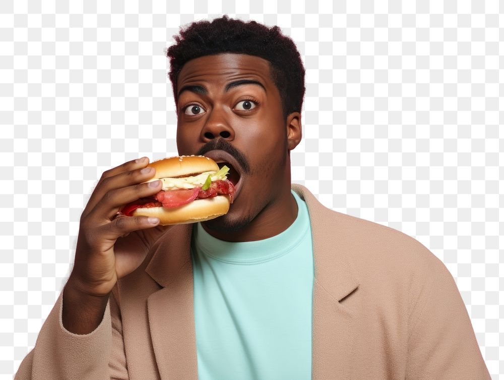 PNG  Black man eating food hamburger biting.