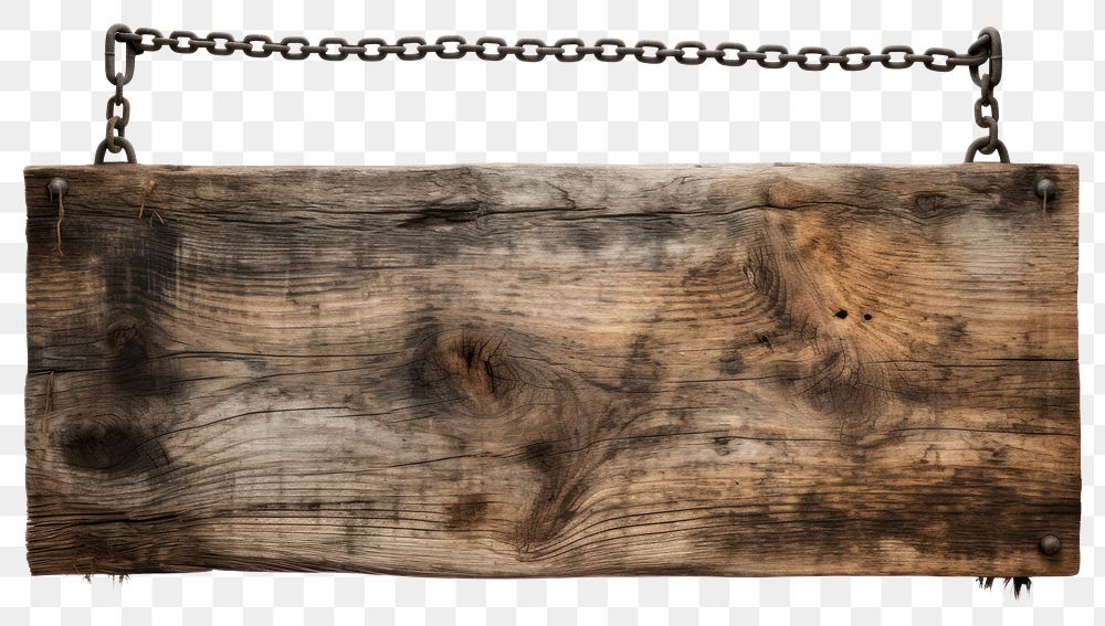PNG  Rustic wooden plank hanging chain white background.