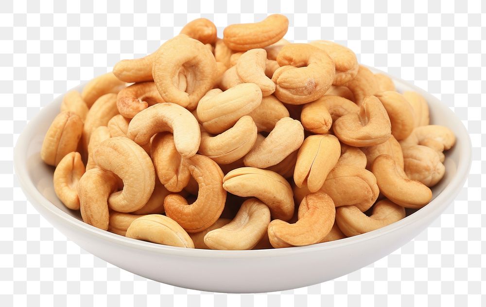 PNG  Cashew nuts plate food white background.