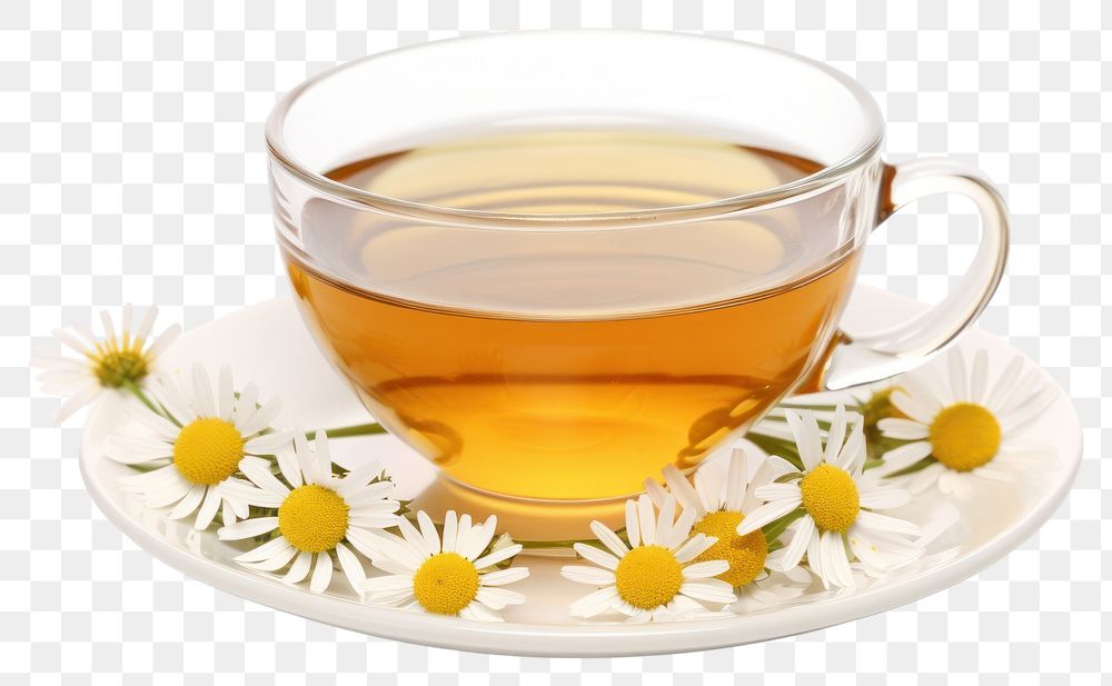 PNG  Chamomile tea saucer flower drink.