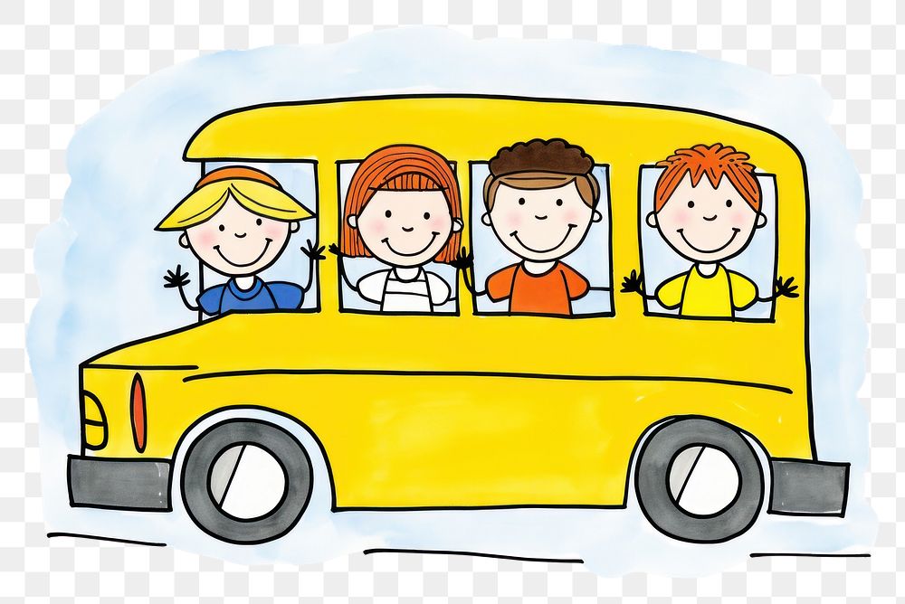 PNG 3 kids in the yellow school bus car vehicle cartoon.
