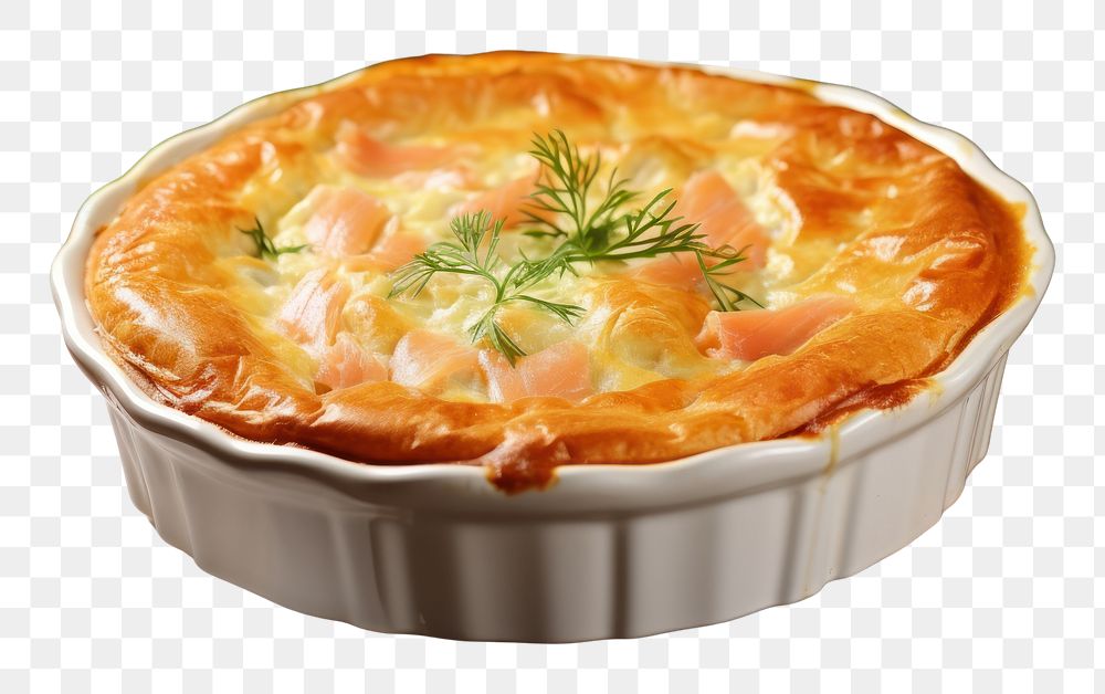 PNG Salmon stuffed pie in a white ceramic pastry table food.