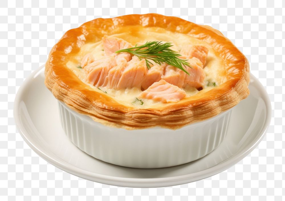 PNG Salmon stuffed pie in a white ceramic pastry dessert baked.