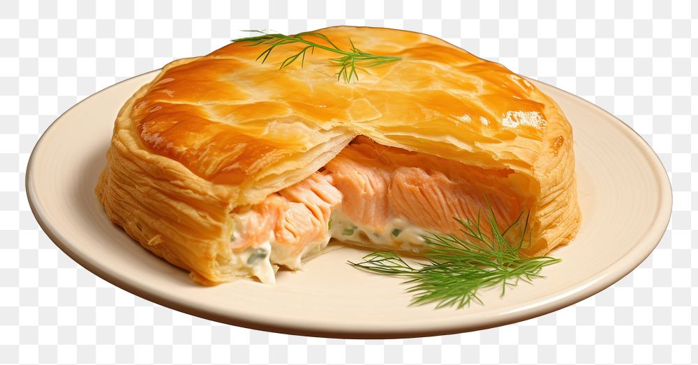 PNG Salmon stuffed pie in a white ceramic pastry dessert baked.