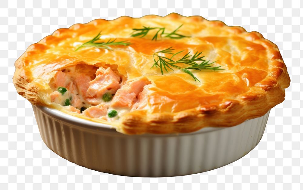 PNG Salmon stuffed pie in a white ceramic pastry table plate.