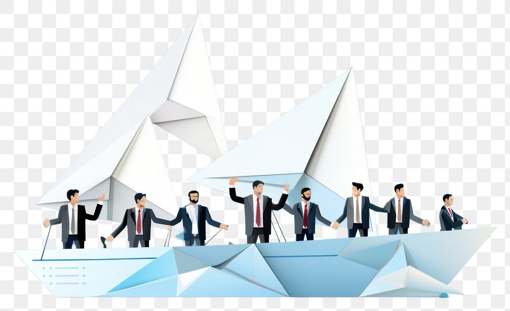 PNG  Businessman leader with binoculars lead business team sailing origami ship teamwork adult blue. AI generated Image by…