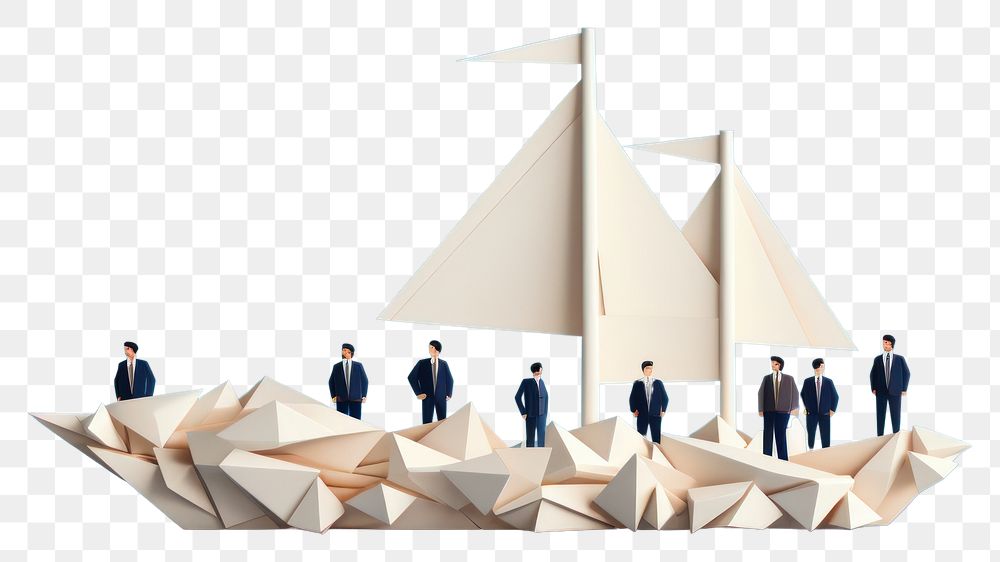 PNG  Businessman leader with binoculars lead business team sailing origami ship sailboat teamwork vehicle. AI generated…