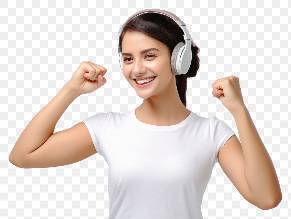 PNG Positive woman showing arm muscle with headphone headphones headset smile.