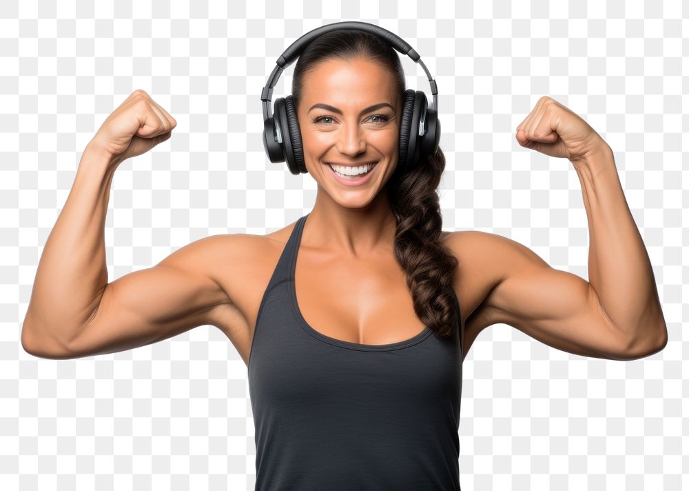 PNG Positive woman showing left arm muscle with headphone headphones photography portrait.