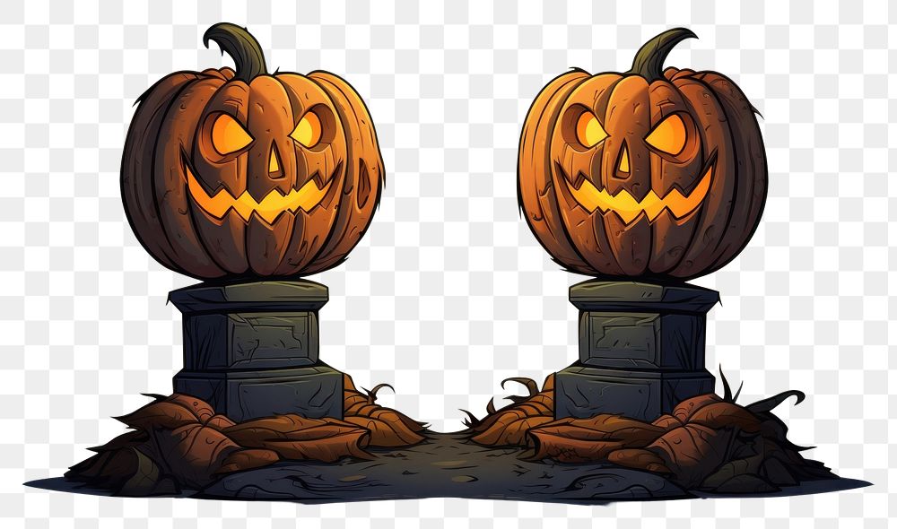 PNG 2 halloween pumpkins with 2 gravestone anthropomorphic jack-o'-lantern representation.