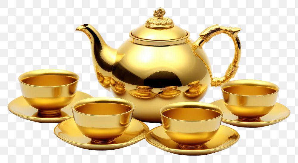 PNG  Tea set teapot gold cup.