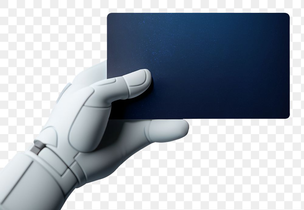 PNG 3d robot hand holding a card, transparent background
