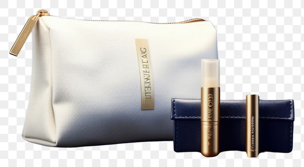 PNG  Lipstick pouch packaging mockup in white cosmetics blue bag.