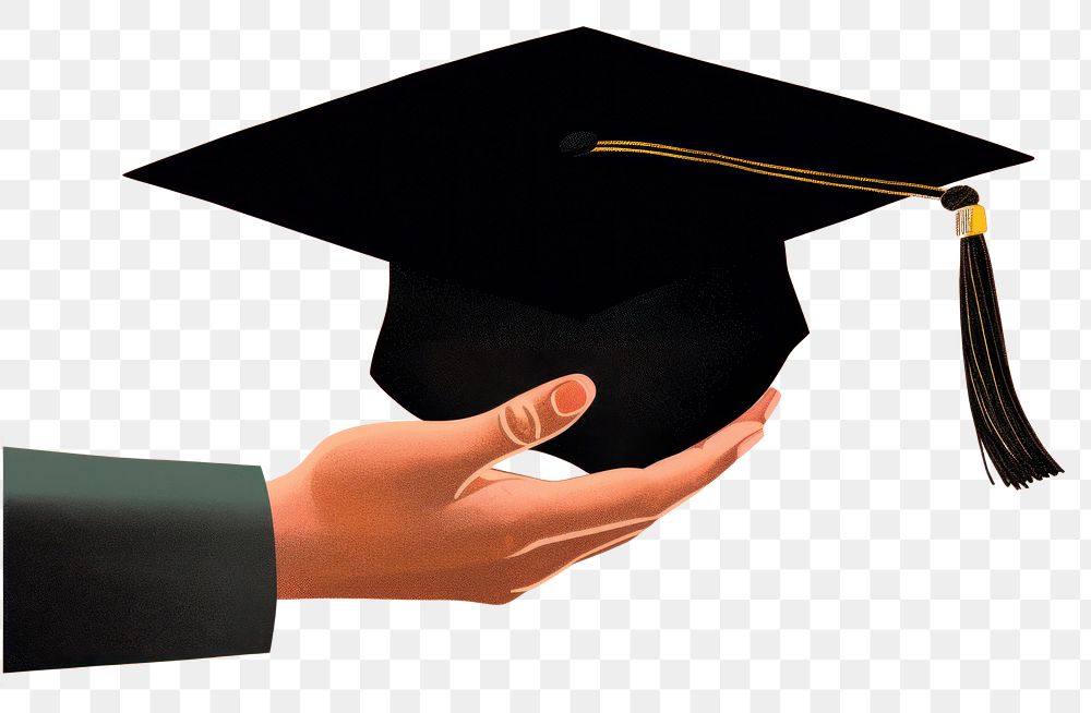 PNG  Graduation cap holding hand text.
