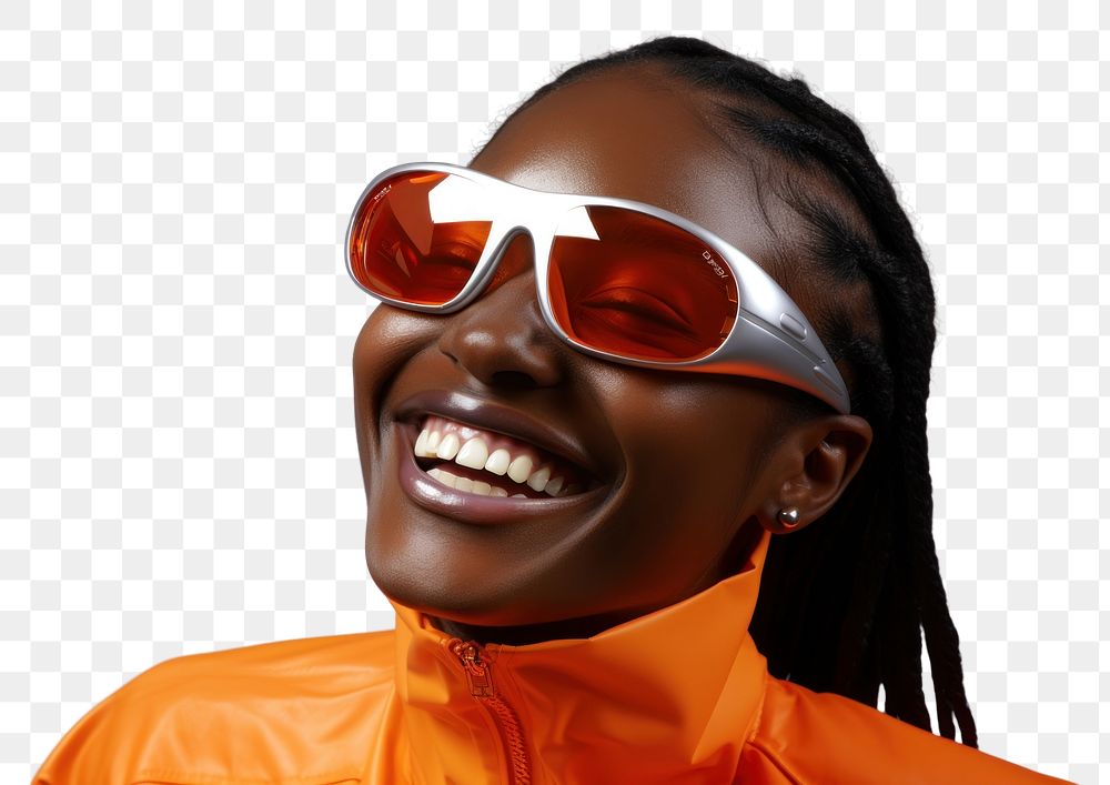 PNG Black young woman smiling wearing a white sunglasses exposing her eyes smile portrait fashion.