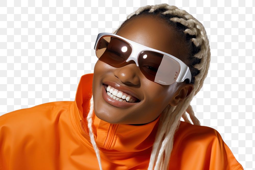 PNG Blond hair black young woman smiling wearing a white sunglasses exposing her eyes smile fashion adult.