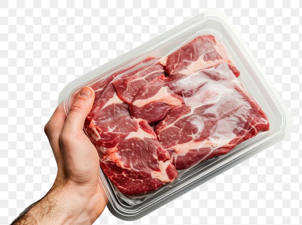 PNG Close-up hand carry choose beef plastic package and cover with blank label meat food pork.