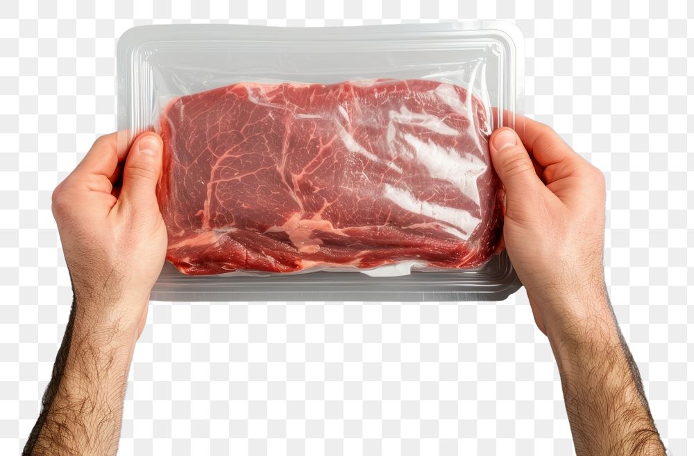 PNG Close-up hand carry choose beef plastic package and cover with blank label adult meat food.