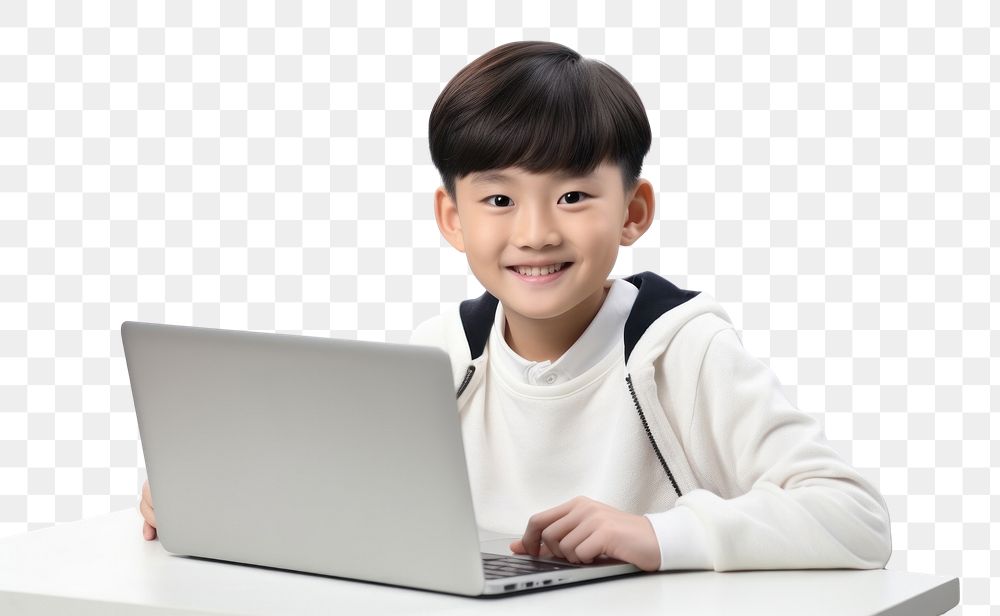 PNG Asian child student study online computer laptop kid.
