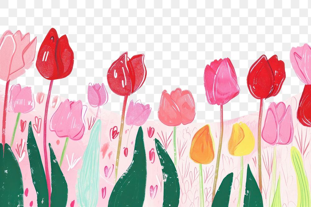 PNG Cute tulip field illustration painting blossom flower
