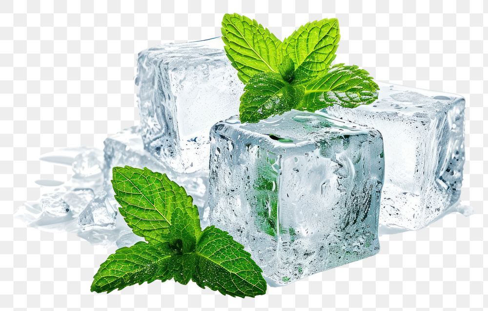 PNG  Ice cubes with mint leaves plant herbs leaf.
