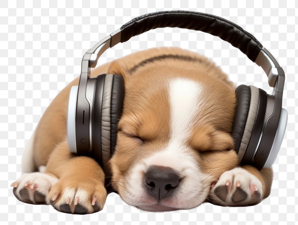 PNG  An Adorable dog sleep and wearing headphones headset mammal puppy.