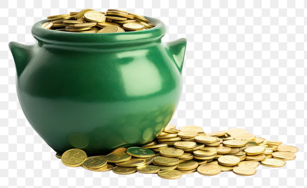 PNG Opened green irish pot gold coin jar.