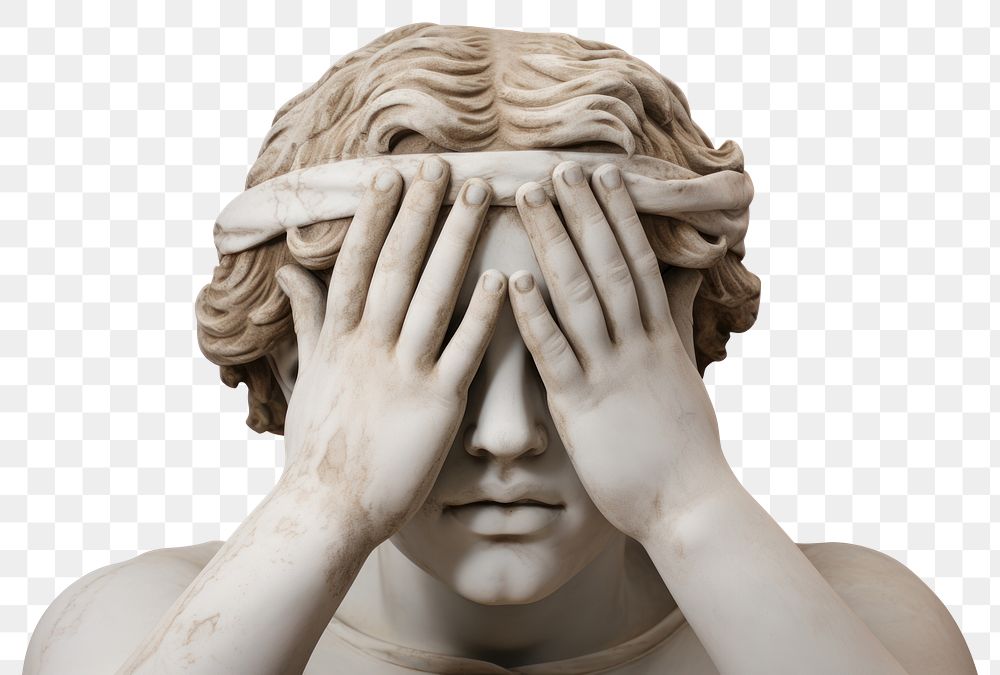 PNG  Greek sculpture covering eyes statue art white background.