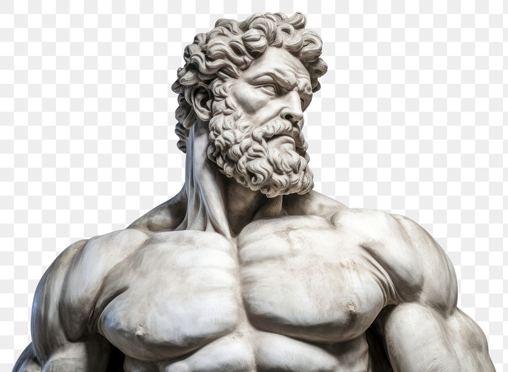 PNG  Greek sculpture flexing muscle statue male white background.
