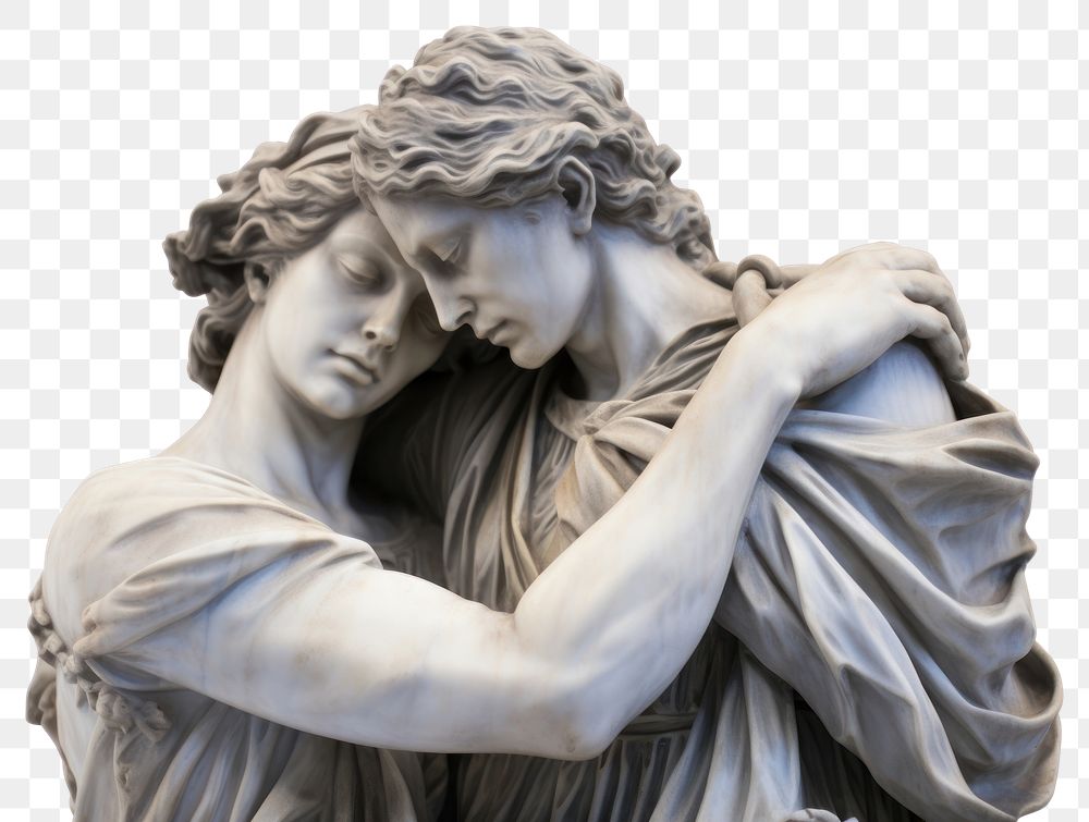PNG  Greek sculptures hugging statue angel art.