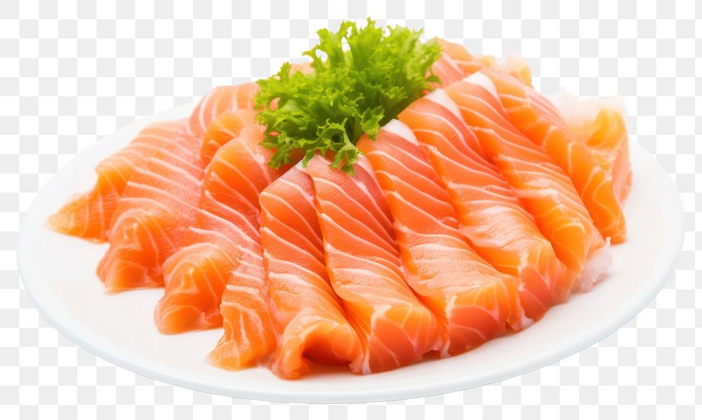PNG Raw salmon sashimi seafood plate white background. AI generated Image by rawpixel.