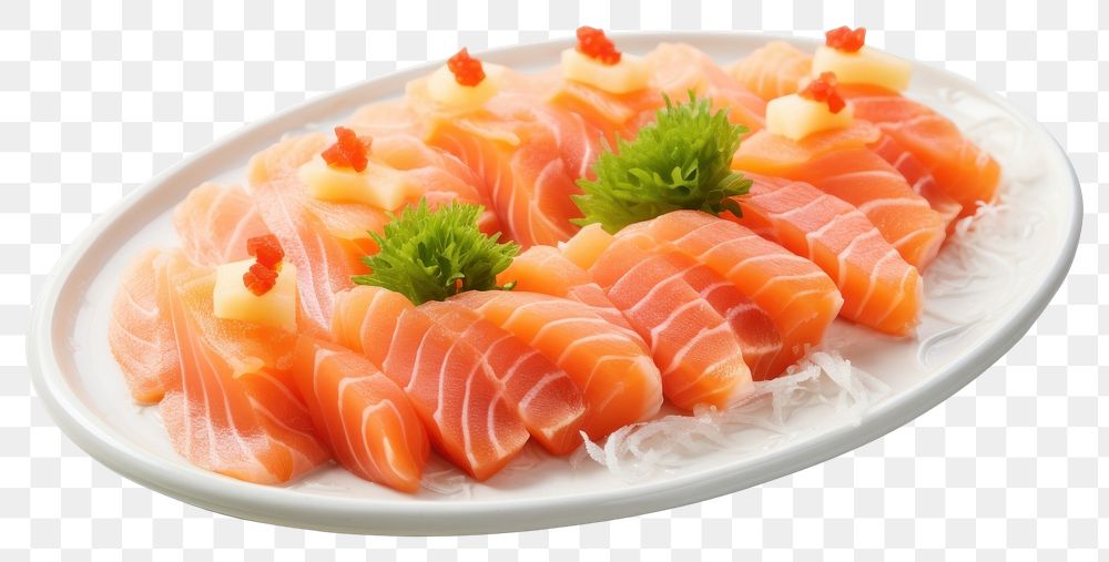 PNG Raw salmon sashimi seafood plate dish. AI generated Image by rawpixel.